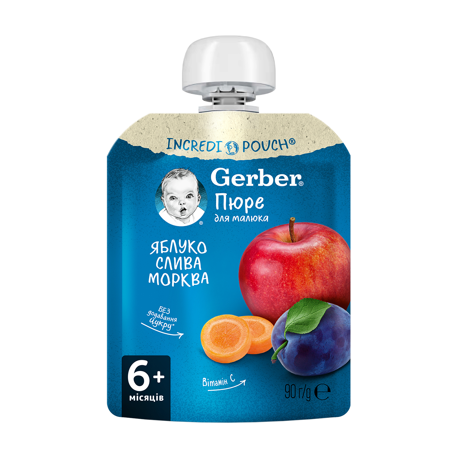 Дитяче фруктово-овочеве пюре Gerber Яблуко, слива та морква, з 6 місяців, 90 г (пауч)